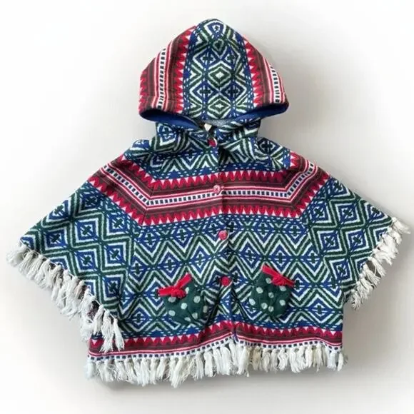 MATILDA JANE Hooded Fringe Poncho Boho Fair Isle Knit Cape Big Girl Size 14 - Picture 1 of 16